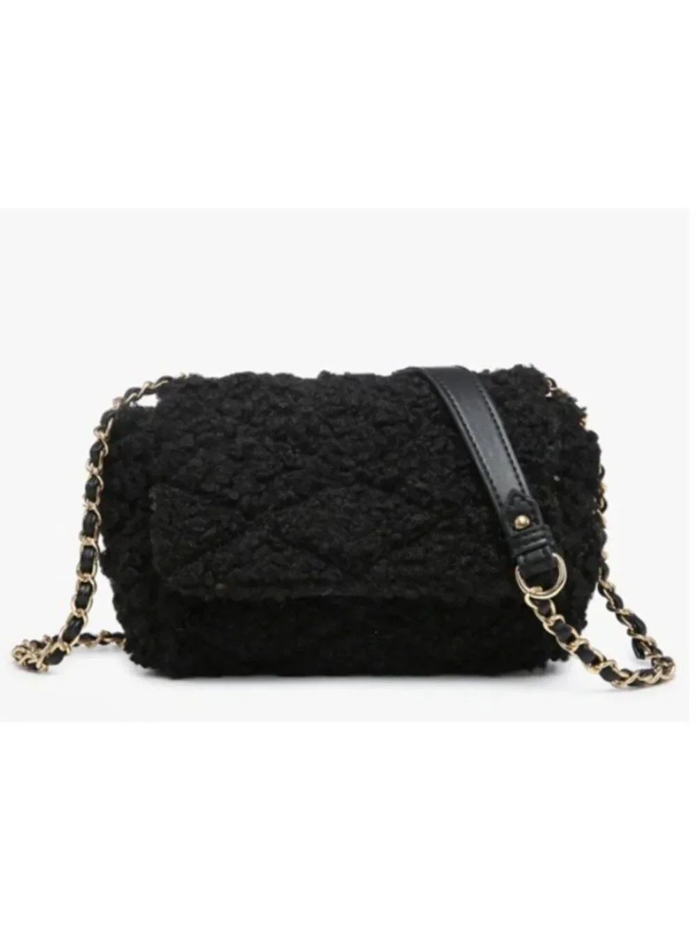 Ladies Black Sherpa Fuzzy Quilted Crossbody Bag Gold Chain Link NWT